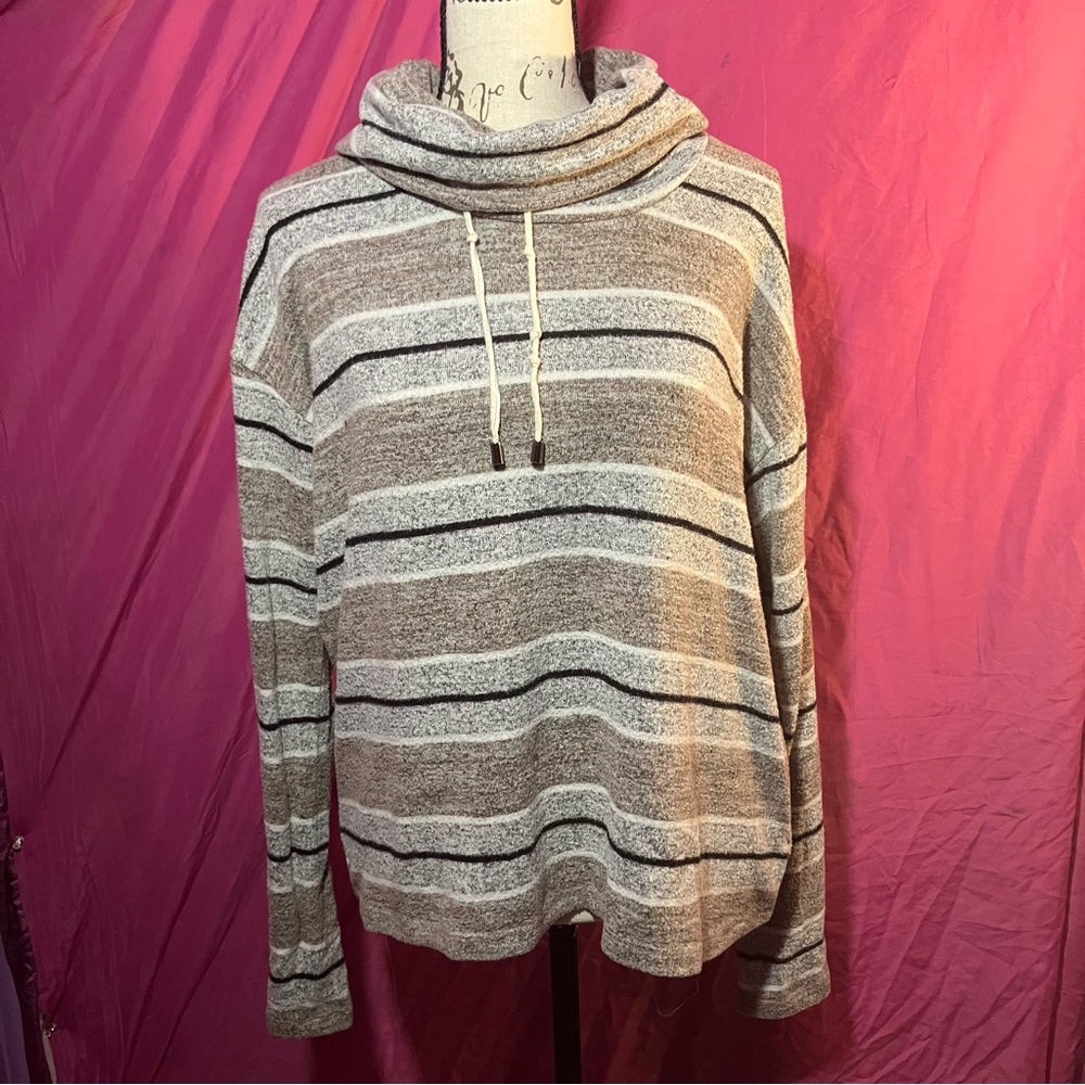 BKE Heathered Gray Striped Cowl Neck Sweater